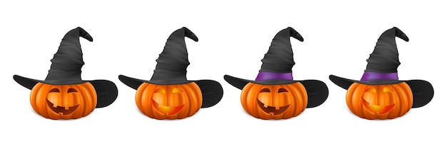 Vector Halloween Pumpkin with Witch Hat Set Cute Jackolanterns Carved Pumpkin Face for Invitations Cards Packaging Wrapping Banners Design 3d Realistic Pumpkins