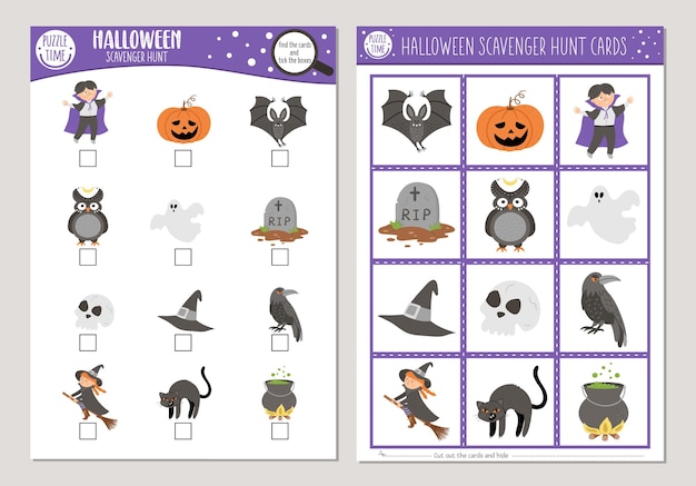 Vector Halloween scavenger hunt cards set Seek and find game with witch lantern vampire for kids Autumn Fall holiday searching activity Simple educational printable worksheetxA