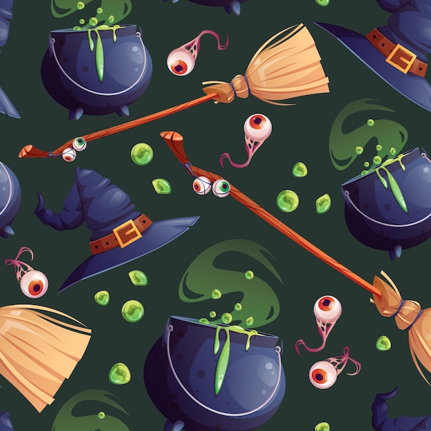 Vector Halloween Seamless pattern with hat witches cauldron and broom on green background