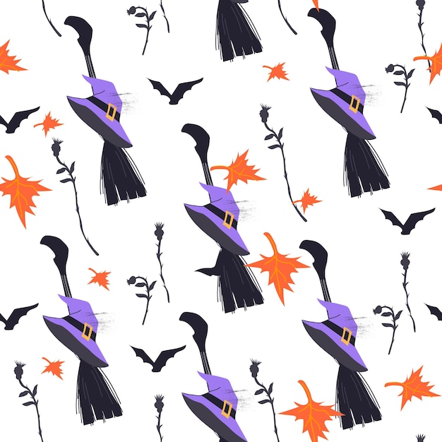 Vector Halloween seamless pattern with witch broom and hat among autumn leaves flat cartoon