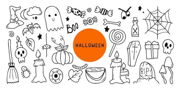 Vector vector halloween set in doodle style isolated image on a white background