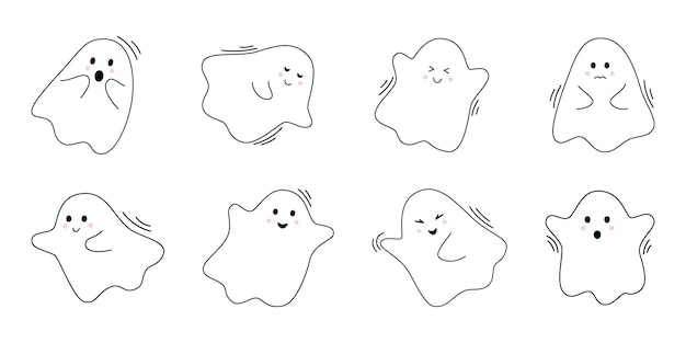 Vector halloween set with cute ghosts Flying spirits in flat design Outline phantoms on white background Doodle ghosts