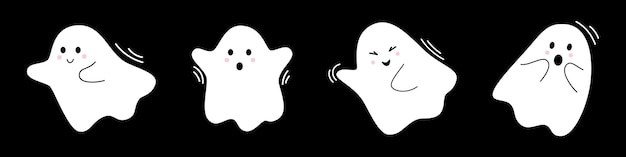 Vector halloween set with cute ghosts Flying spirits in flat design White phantoms on black background Doodle ghosts