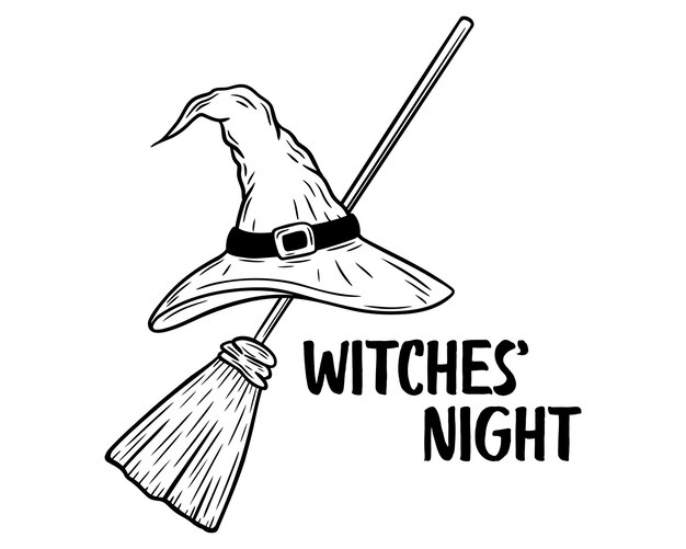 Vector vector halloween witches night illustration with witch hat and a broom in line art style graphic monochrome drawing hand drawn outline sketch engraved illustration for coloring book page