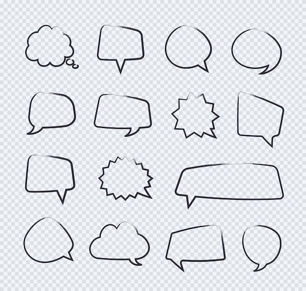 Vector hand draw stickers of speech bubbles line set on transparent background for communication your message chat 10 eps