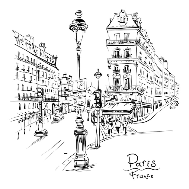 Vector hand drawing Paris street with traditional houses and lanterns Paris France