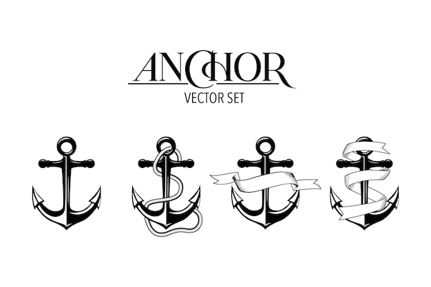 Vector Hand drawn Anchor Icon Set Isolated Design Template for Tattoos Tshirt Logo Labels Anchor with Ribbon Rope Antique Vintage Marine Anchors