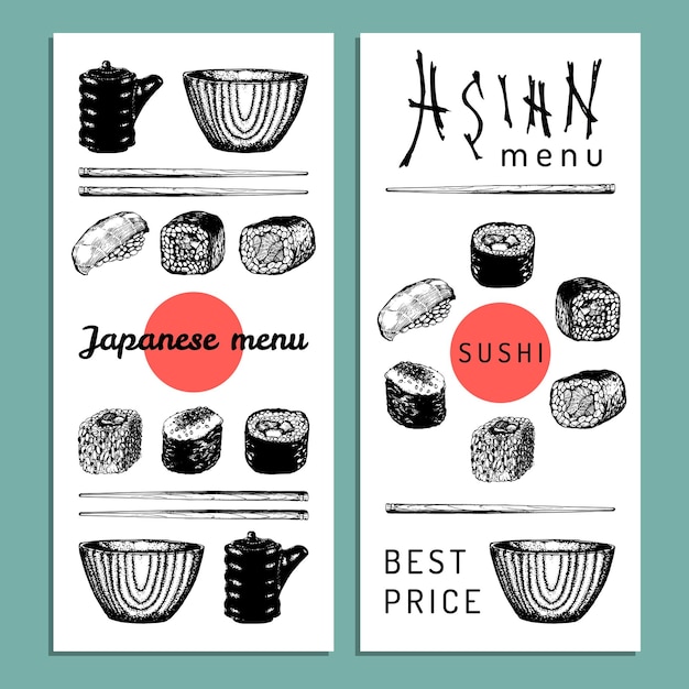 Vector hand drawn asian menu illustration Hand sketched sushi set Japanese food tableware design for restaurant cafe etc Rolls soy sauce soup chopsticks drawings