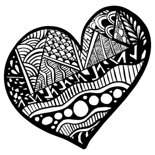 Vector Hand drawn black hearts in zentangle style Zen doodle Pattern for coloring book Valentine's day background Coloring monochrome page for adult anti stress