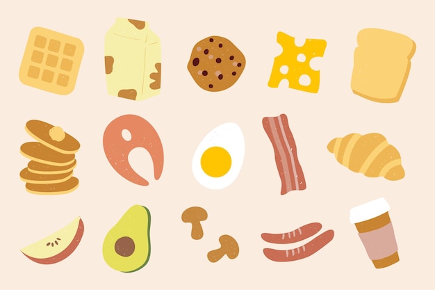 Vector hand drawn breakfast set. Food elements waffle, croissant, pancakes, avocado, egg, mushrooms