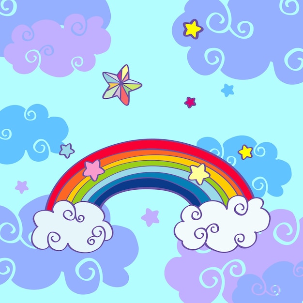 Vector hand drawn cartoon rainbow and clouds