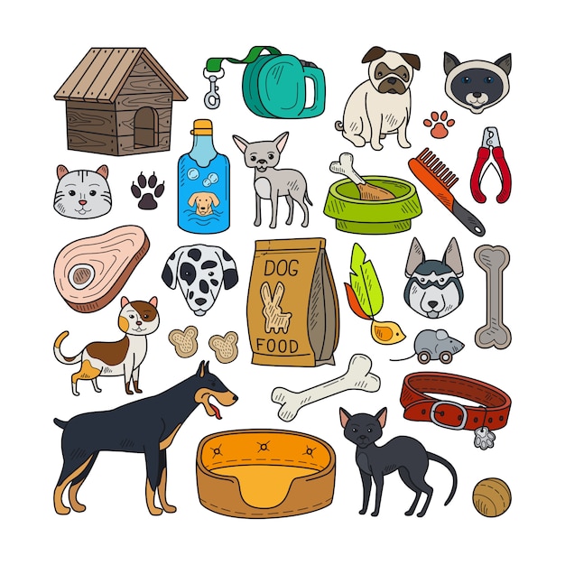 Vector hand drawn cats and dogs