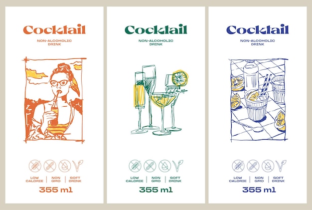 Vector hand drawn cocktail packaging label design template set for cafe or restaurant