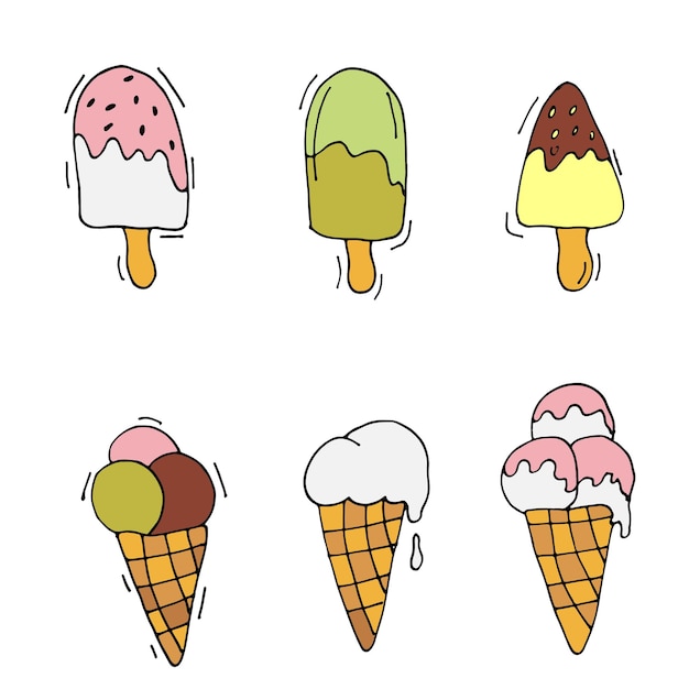 Vector hand drawn collection colorful ice cream Icon set or dessert stickers