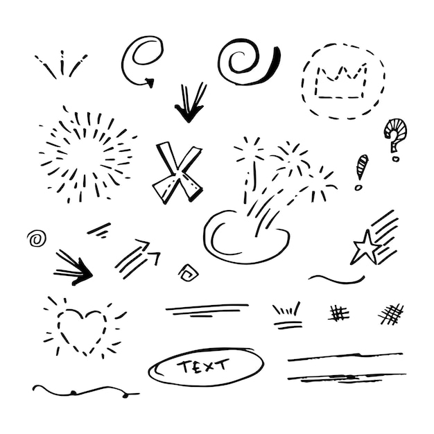 Vector hand drawn collection of design element curly swishes swoops swirl arrow heart love crown leaf star sun burst firework highlight text and emphasis element use for concept design