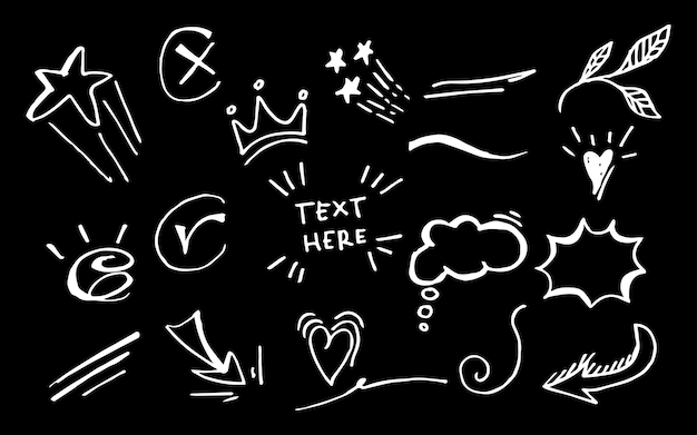 Vector hand drawn collection of design element curly swishes swoops swirl arrow heart love crown leaf star sun burst firework highlight text and emphasis element use for concept design