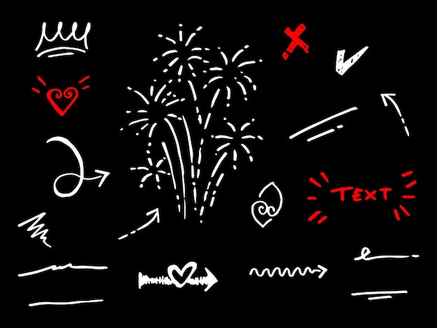 Vector hand drawn collection of design element curly swishes swoops swirl arrow heart love crown leaf star sun burst firework highlight text and emphasis element use for concept design