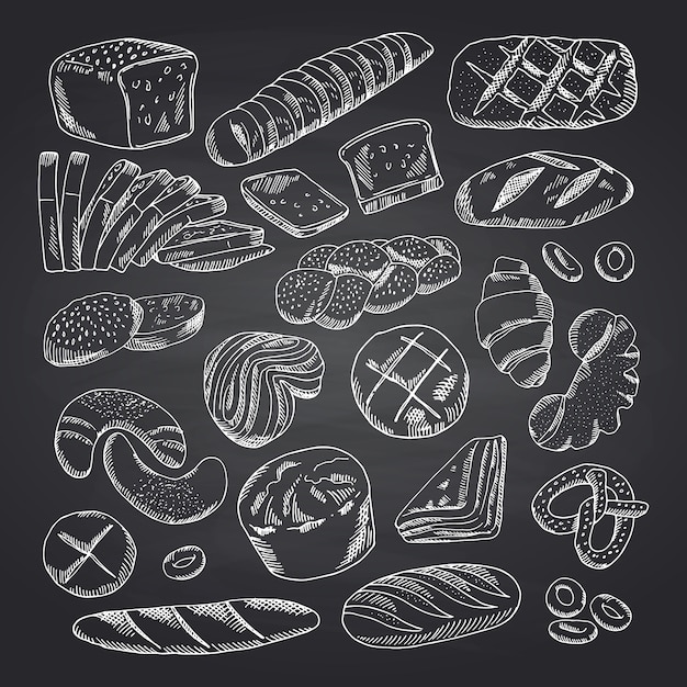 Vector hand drawn contoured bakery elements on black chalkboard. Bakery chalkboard sketch, doodle chalk drawing illustration