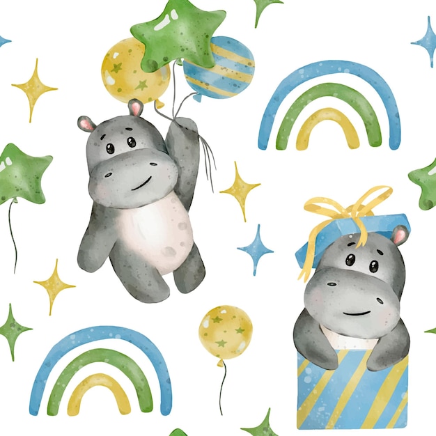 Vector hand drawn cute isolated baby boy holiday watercolor hippo animal seamless pattern