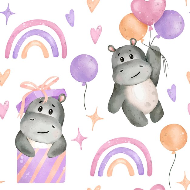 Vector hand drawn cute isolated baby girl holiday watercolor hippo animal seamless pattern