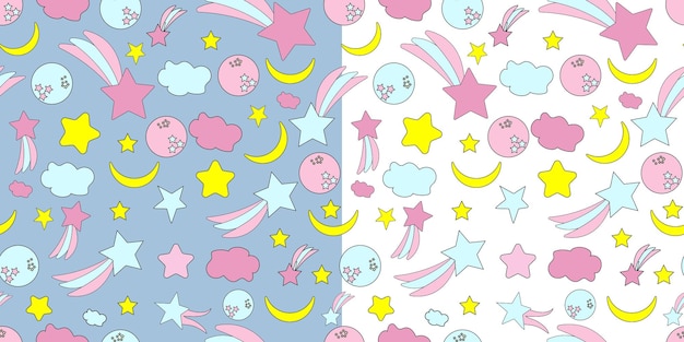 vector hand drawn cute seamless pattern with stars moon planet