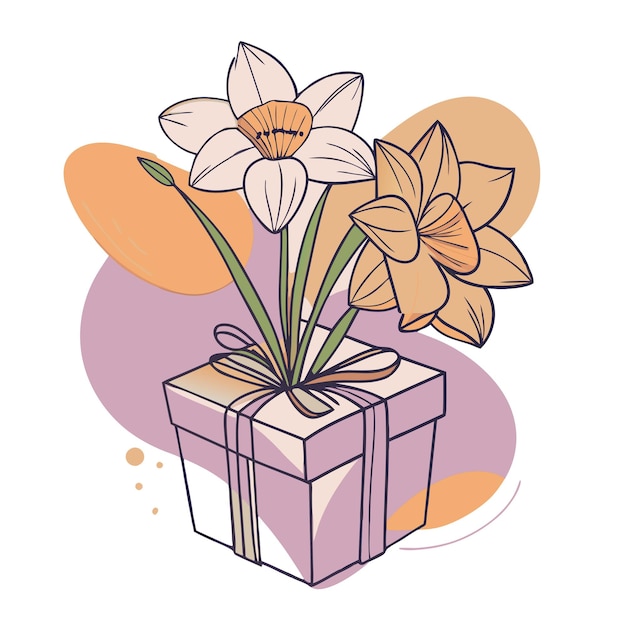 Vector vector hand drawn daffodil in a gift box botanical art