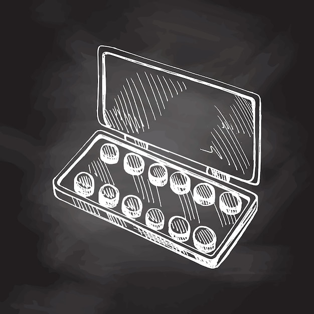 Vector hand drawn detailed retro style box with watercolor paints sketch on chalkboard background