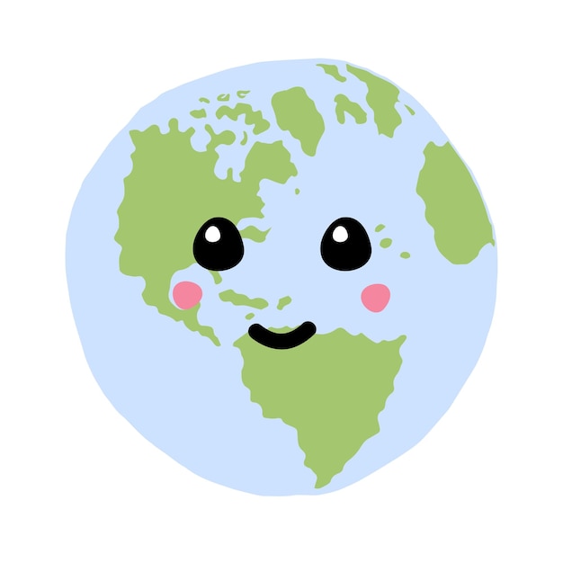 Vector hand drawn Earth planet with cute face isolated on white backgro