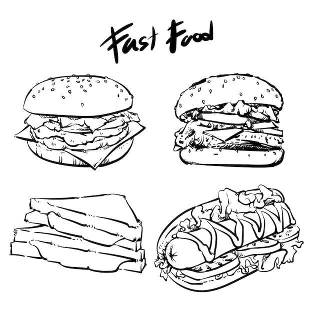 Vector hand drawn fast food set isolated