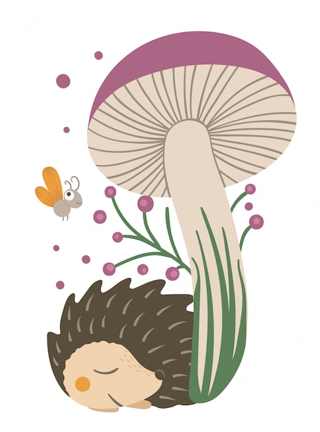 Vector hand drawn flat hedgehog sleeping under the purple mushroom. Funny autumn scene with prickly animal. Cute woodland animalistic illustration for print, stationery