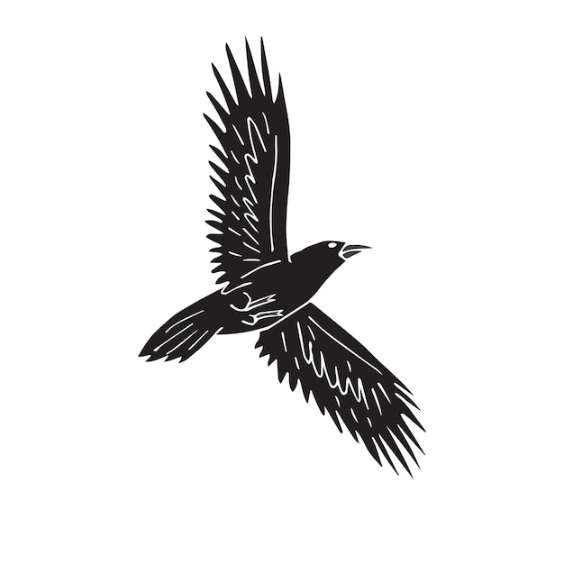 Vector hand drawn flying black raven