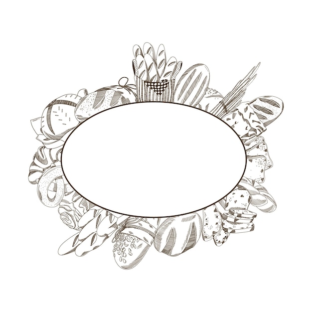 Vector vector hand drawn frame border of bakery products ink sketch style illustration