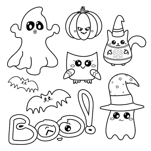 vector hand drawn Halloween kawaii coloring book illustration set