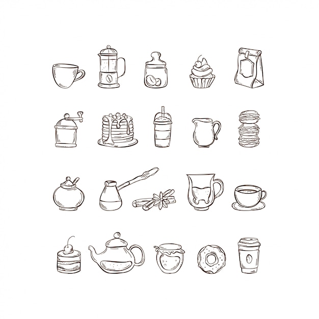 Vector hand drawn icon set coffee and tea