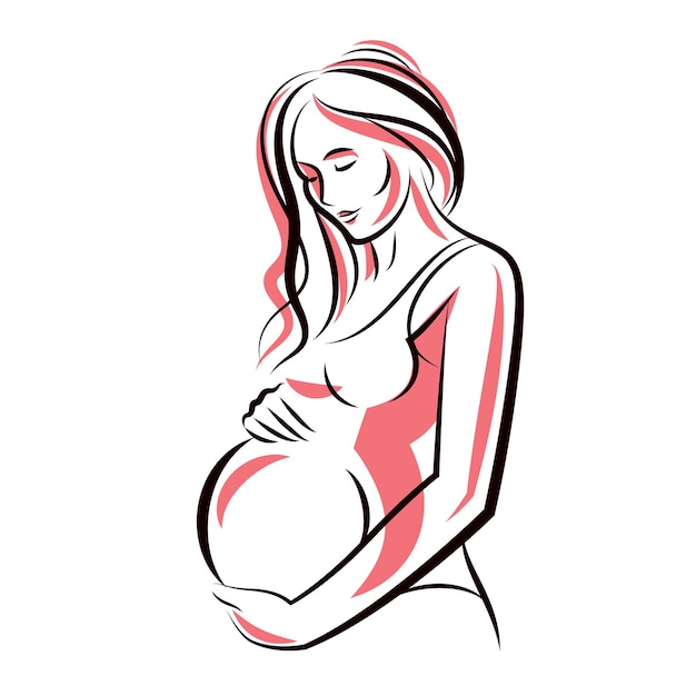 Vector hand-drawn illustration of pregnant elegant woman expecting baby, sketch. Love and fondle theme.