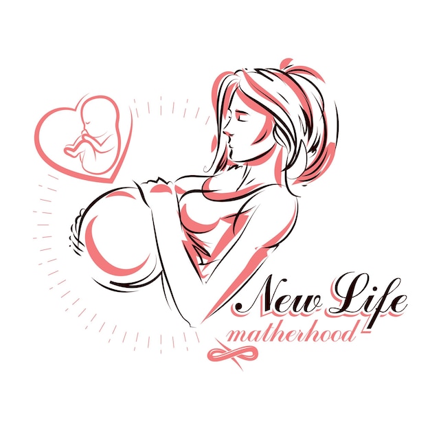 Vector hand-drawn illustration of pregnant elegant woman expecting baby, sketch. Prenatal center and motherhood preparing clinic promotion flyer