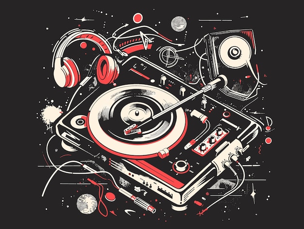 Vector vector hand drawn illustration of turntable with music elements retro style