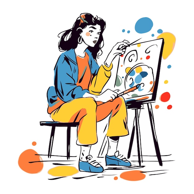 Vector vector hand drawn illustration of a young woman painter sitting on a chair and painting