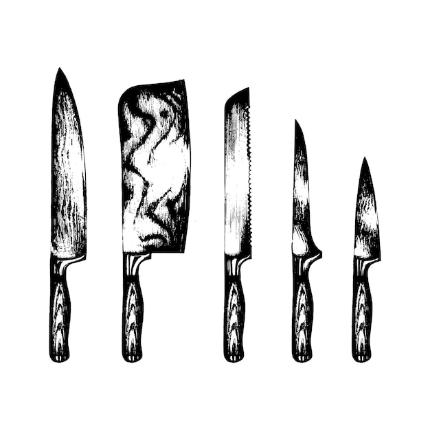 Vector hand drawn kitchen or chefs knives set Butchers tools illustration Cutlery sketches collection for shop butchery restaurant cafe etc