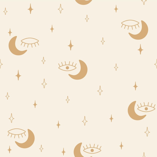 Vector hand drawn mystic eye doodles seamless pattern on beige background modern design