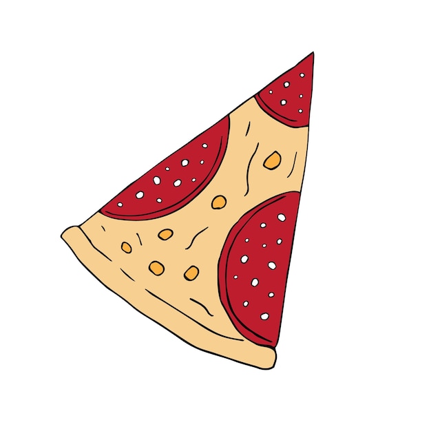 Vector hand drawn pepperoni pizza slice isolated on white background