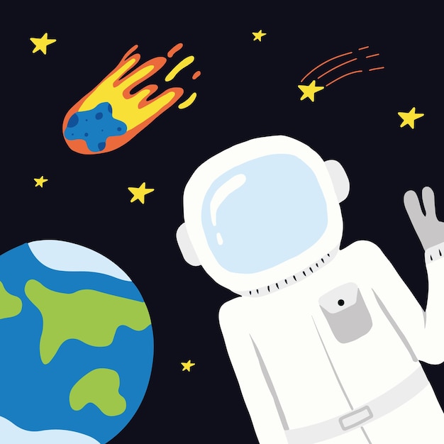 Vector hand drawn poster with an astronaut and the Earth. Space poster with lettering. Vector illustration