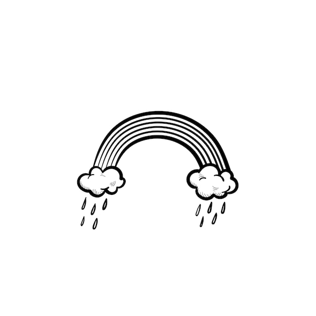 Vector hand drawn rainbow and raining clouds outline doodle icon