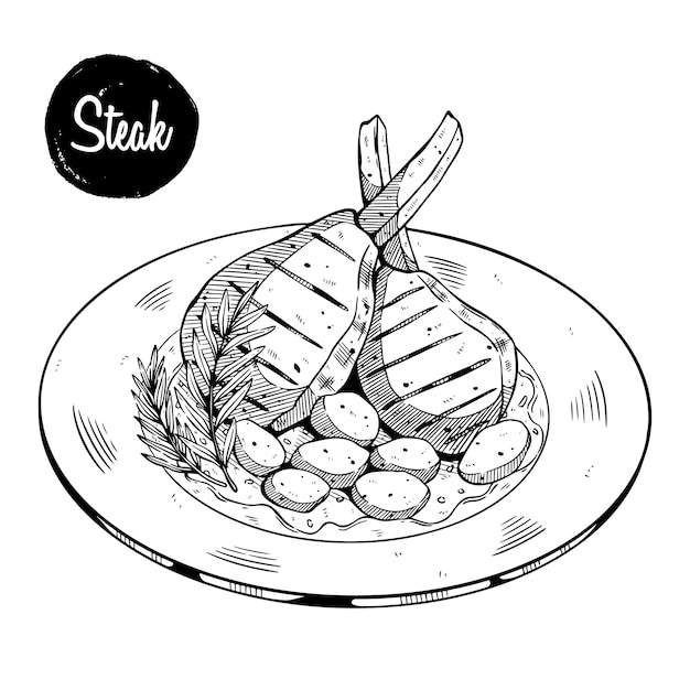 Vector hand drawn restaurant stuff Illustration Detailed retro style lamb with potatoes on a platte