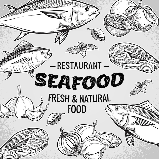 Vector hand drawn seafood restaurant illustration. Vintage style. Retro sketch background. Template