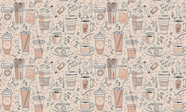 Vector hand drawn seamless pattern with various cups sketch style drawn