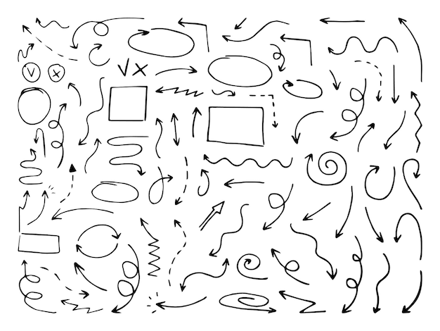 Vector hand drawn set of doodle arrows Hand drawn abstract collection of icons frames and arrows in doodle style Chaotic doodle elements