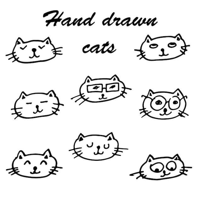 Vector hand drawn set of funny cartoon cats