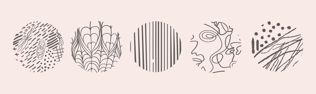 Vector hand drawn set with round isolated abstract black patterns or backgrounds. Various doodle shapes for highlight covers, posters, social media Icons templates.