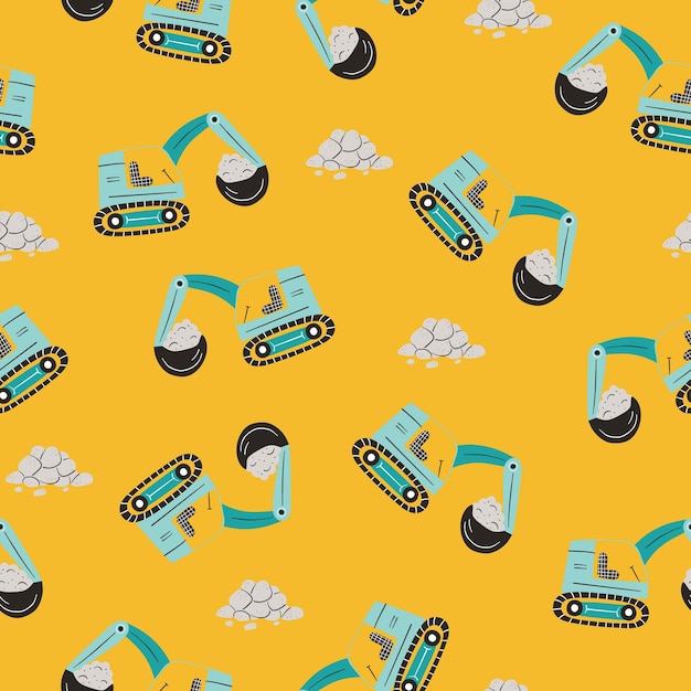 Vector hand-drawn simple seamless pattern with excavators and stones in Scandinavian style